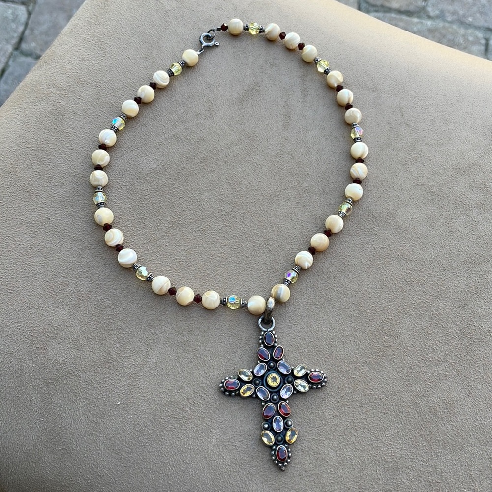 Vintage cross silver necklace with semi precious stones
